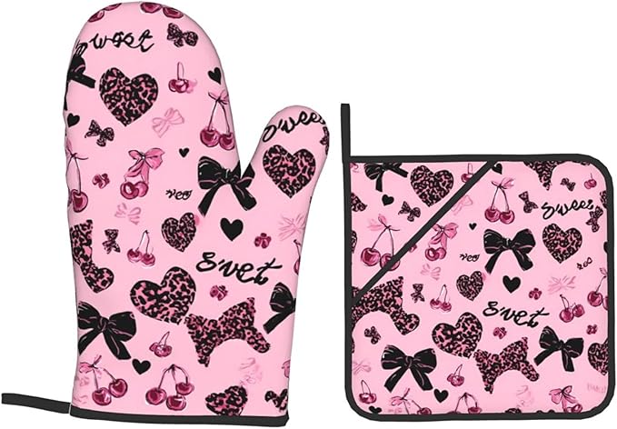 Oven Mitts Lovely Pink Heat Resistant Silicone Oven Mitts Set of 4,Oven Gloves for Cooking BBQ, Suitable for Barbecues Baking Cooking Microwave Cooking Gift