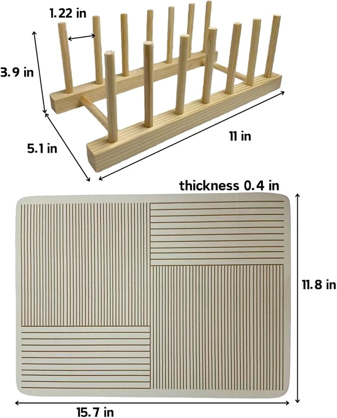 Wooden Dish Rack with Dish Drying Mat Kitchen Counter, Silicone mat Dish Drying Rack
