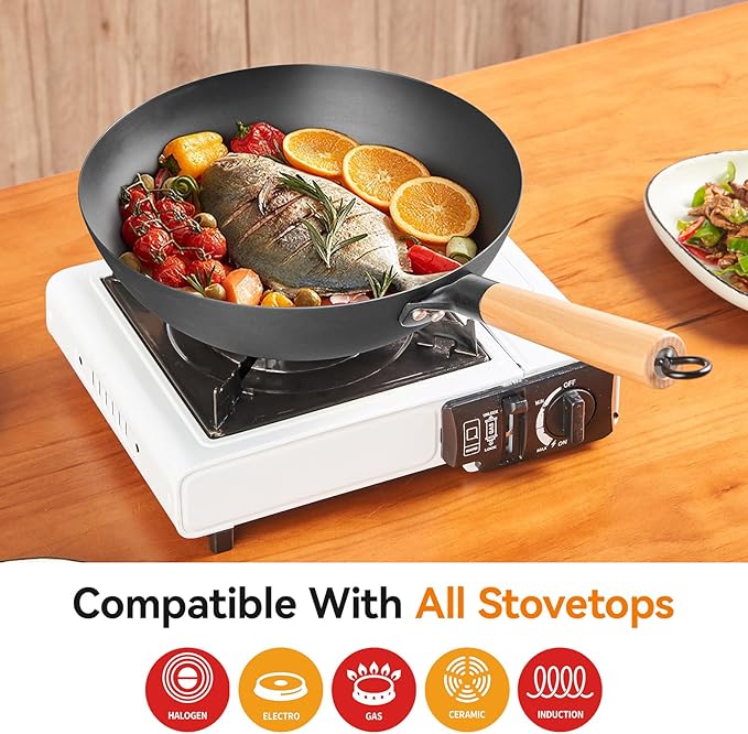 11.8 Inch Pure Iron Wok, Flat Bottom Stir Fry Pan with Wooden Handle & Lid, Uncoated Real High-Purity Iron Wok for Family Meals, Compatible with Gas, Electric & Induction Cooktops
