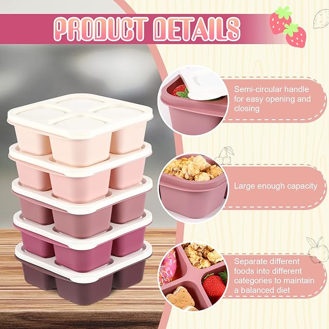 Honeydak 5 Pack Snack Containers 4 Compartment Bento Snack Boxes Reusable Lunchable Containers with Lids Divided Meal Prep Lunch Food Storage Box for School Work Travel(Rose Red Ombre,Equal)