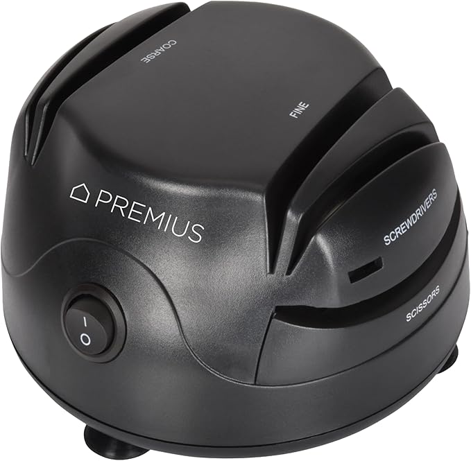3-In-1 ELECTRIC KNIFE SHARPENER SYSTEM by PREMIUS, Great for Kitchen and Sport Knives, Scissors, Screwdrivers, 2-Stage Sharpening System Appliance, Compact Quick, Easy Design, Retractable Cord, Black