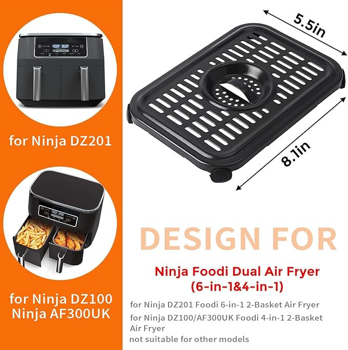 Air Fryer Grill Pan for Ninja Foodi DZ090/DZ201/DZ100（US）AF300（UK）6-in-1 7.6L Dual Zone Air Fryer, 2-Pack Replacement Crisper & Grill Plates with Rubber Bumpers, Dishwasher Safe