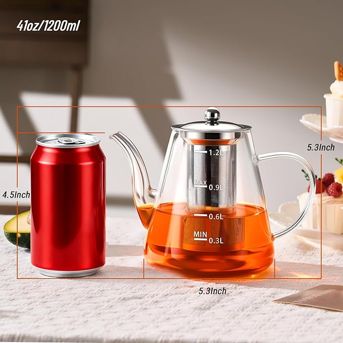 PARACITY Glass Teapot Stovetop 41 OZ/1200ml, Tea pot with Removable Stainless Steel Infuser, Borosilicate Clear Tea Kettle with Scale, Teapot Blooming and Loose Leaf Tea Maker Tea Brewer for Camping