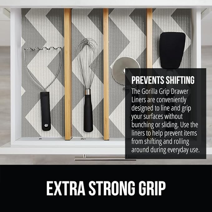GORILLA GRIP powerGRIP Drawer Shelf and Cabinet Liner, Thick Strong Hold, Non-Adhesive Liners Protect Kitchen Cabinets and Cupboard, Bathroom Drawers, Easy Install, Breathable Mat, 17.5"x30', Chevron