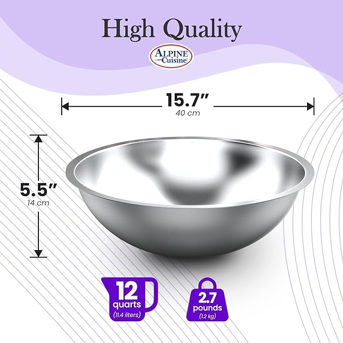 Alpine Cuisine 12-Quart Stainless Steel Mixing Bowl | Durable Prep & Salad Bowl for Baking, Food Prep, & Tossing | Polished Mirror Finish, Silver