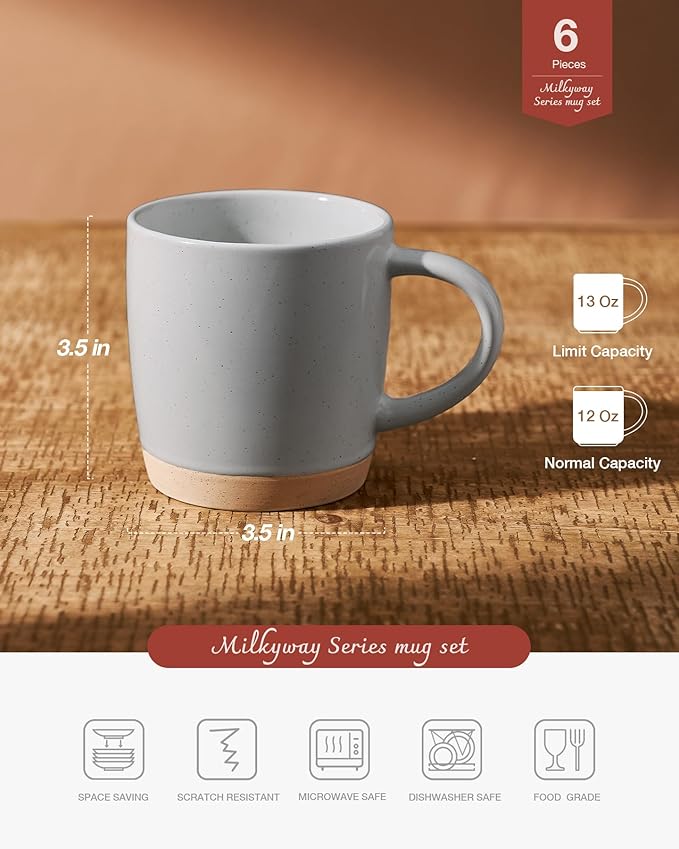 famiware Coffee Mugs for 6, 13 oz Mug Set, Dringking Cup with Handle for Coffee, Tea, Cocoa, Milk, Milkyway serise, Ligth Gray