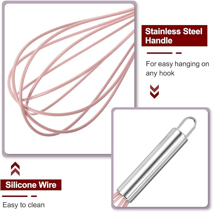 HARFINGTON 5Pcs Silicone Whisk 8" Kitchen Whisk Wire Whisks Beater with Stainless Steel Handle for Egg Milk Whisking Blending Beating & Stirring, Pink