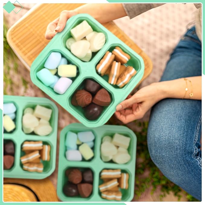 12 Pcs 4 Divided Compartments Snack Containers Bento Wheat Straw Snack Box with Lid Reusable Meal Prep Lunch Box Food Storage Containers for Adults Christmas Travel Work Gifts(Green)
