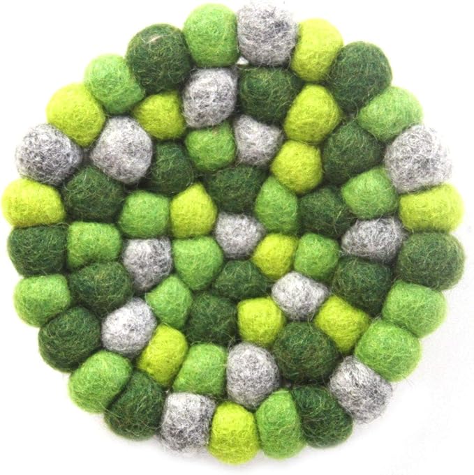 Global Crafts Hand Crafted Felt Ball Wool Trivet Mat from Nepal, 8" Round Pad Chakra, Greens