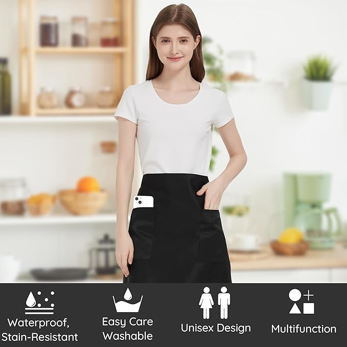3 Pack Waist Apron with 3 Pockets, Unisex Black Waiter Aprons, Water Resistant Server Aprons for Restaurant Chef Bar