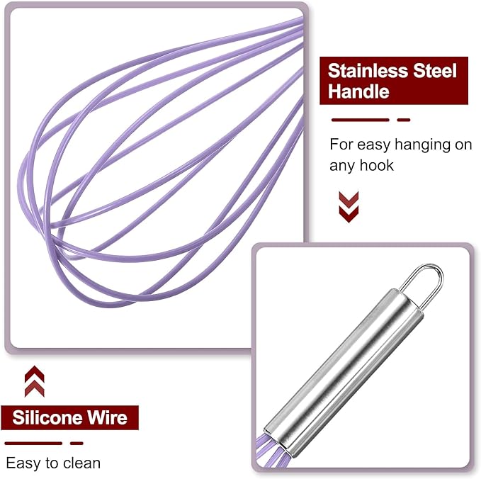HARFINGTON 5Pcs Silicone Whisk 10" Kitchen Whisk Wire Whisks Beater with Stainless Steel Handle for Egg Milk Whisking Blending Beating & Stirring, Purple