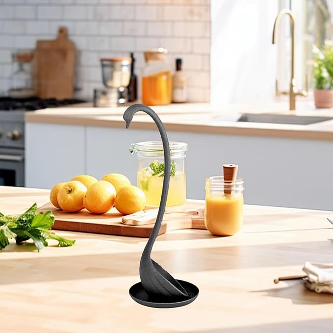 Swan Shaped Soup Ladle, Practical PP Material Long Handle Soup Spoon with Tray Lightweight Large Capacity Swan Shaped Soup Ladle for Home Kitchen (Black)