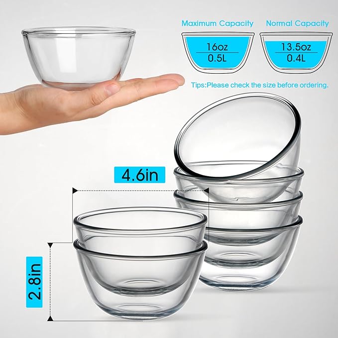 NUTRIUPS 6 Pack 13oz Small Glass Bowls Set Glass Cereal Bowls for Oatmeal, Ice Cream and Fruit (4.5 inch)
