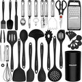 Kitchen Utensils Set - 446°F Heat Resistant Silicone Cooking Utensils Set-Kitchen Tools and Gadgets for Cooking Nonstick Cookware with Tongs,Turner,Spatula,Spoon,Brush,Peeler,Grater,Scissors(Black)