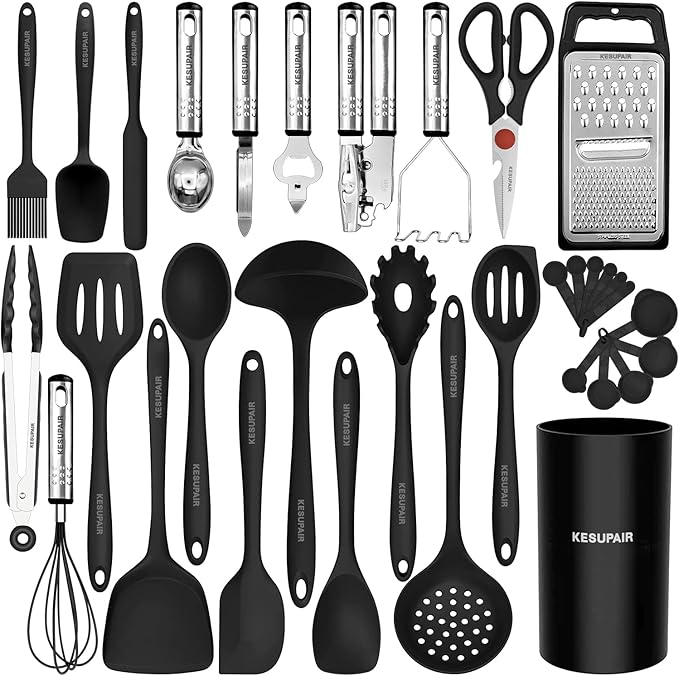 Kitchen Utensils Set - 446°F Heat Resistant Silicone Cooking Utensils Set-Kitchen Tools and Gadgets for Cooking Nonstick Cookware with Tongs,Turner,Spatula,Spoon,Brush,Peeler,Grater,Scissors(Black)