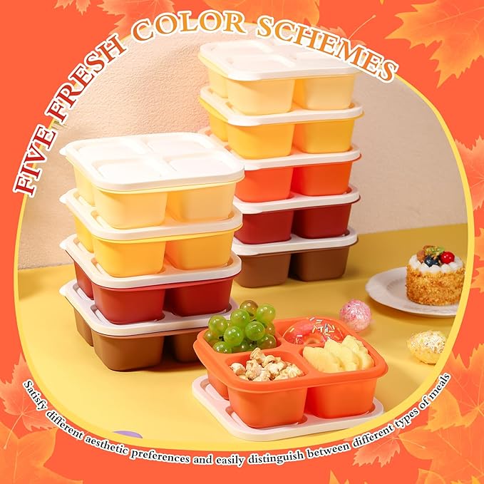Honeydak 10 Pack Snack Container 4 Compartment Reusable Bento Snack Boxes Divided Lunchable Containers with Lids Meal Prep Lunch Food Storage Boxes for School Work Travel(Thanksgiving Color)