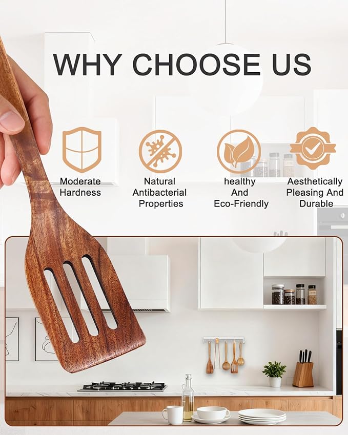 Handcrafted Acacia Wood Kitchen Utensil Set, 5-Piece Natural Brown Cooking Spoons and Slotted Spatulas, Premium Wooden Serving Tools for Kitchen (5Turner)