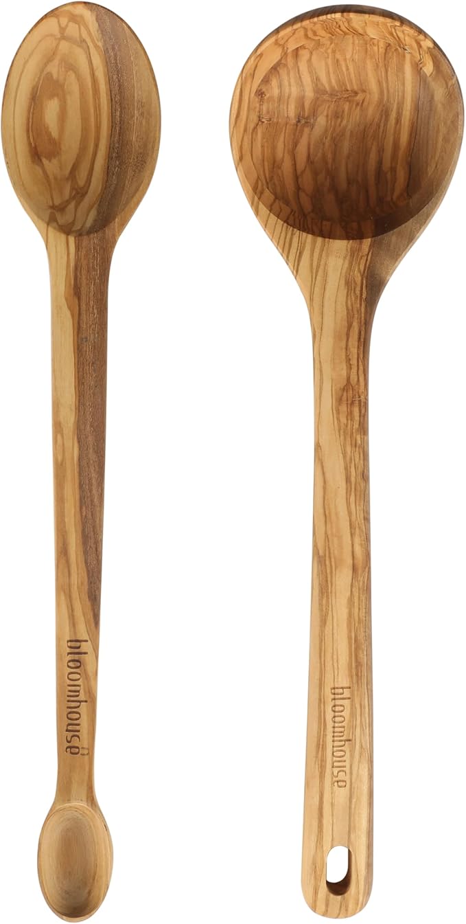 Bloomhouse - Two Time Oprah's Favorite Things Winner - Italian Olive Wood 2-Piece Kitchen Utensil Set – Extra-Large 14-Inch Ladle and Tasting Spoon, Durable Wooden Cooking Tools