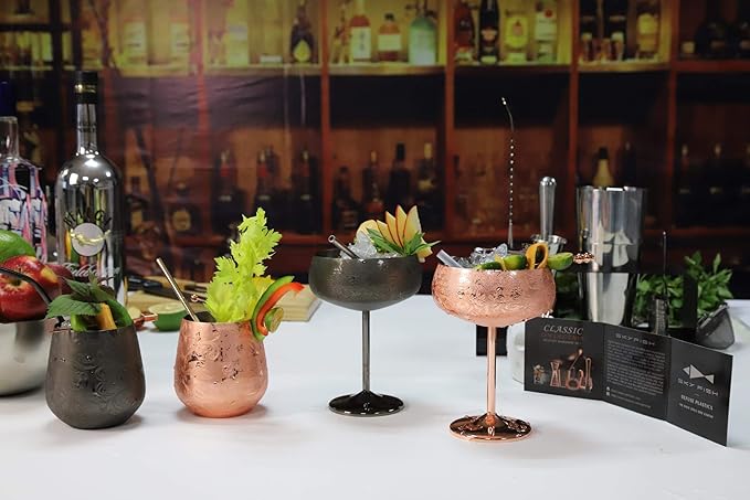 Sky Fish 14 oz Etching Martini Cocktail Glasse,Copper Plated Stainless Steel,Set Of 2 With 2 Cocktail Picks