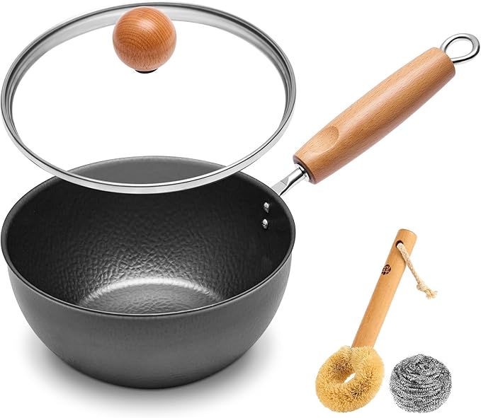 WANGYUANJI 7.1 Inch Hammered Cast Iron Saucepan with Glass Lid, Removable Beechwood Handle, Small Milk Pot for Boiling, Simmering, Heating – Non-Coated, Stovetop Compatible