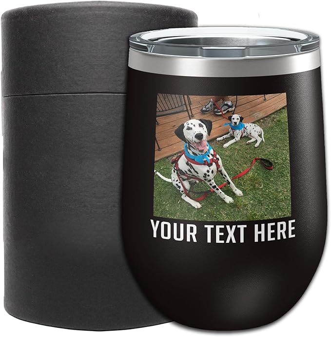 Personalized 12oz (17 Colors) Mother's Day Photo Printed Insulated Stainless Steel Powder Coated Stemless Wine Tumbler with Lid, Customized Gift Idea for Her, Custom Coach Gifts Team Mom Dad (Black)