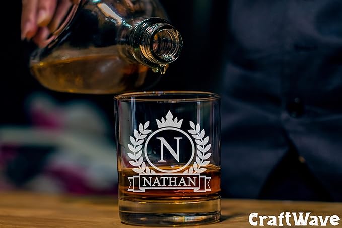 Personalized Whiskey Glass for Men, Custom Engraved Name & Initial Rocks Glasses, 11oz, Barware for Men, Father’s Day Gifts - Set of 2