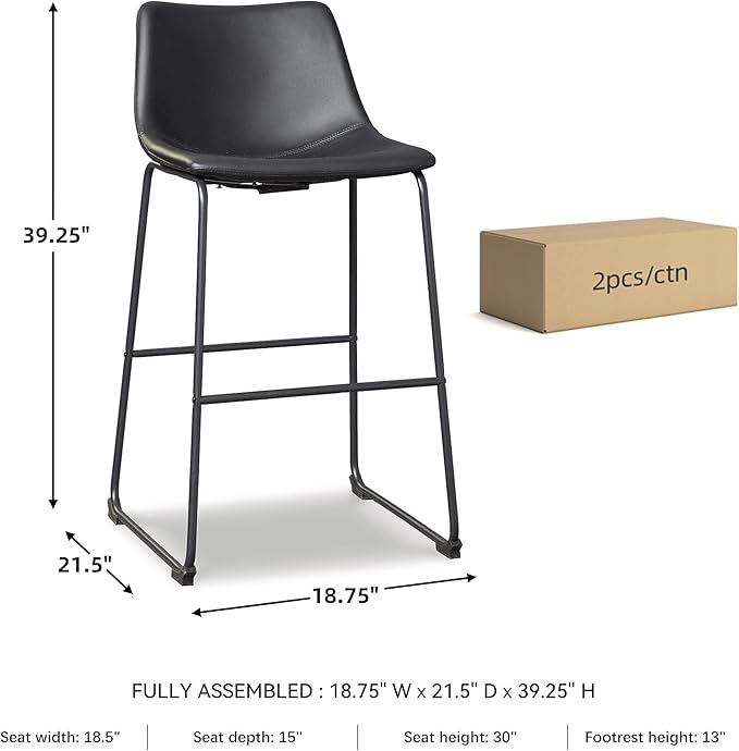Signature Design by Ashley Centiar Casual Pub Height Bucket Seat Upholstered Bar Stool with Metal Base, Set of 2 , Faux Leather, 30" Seat Height, Black