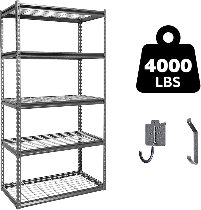 The Atlas 36" W x 18" D x 72" H Adjustable Garage Storage Shelves Load 4000 lbs, 5 Tier Heavy Duty Shelving Unit, Metal Utility Storage Rack for Warehouse Pantry Basement Kitchen, Dark Grey