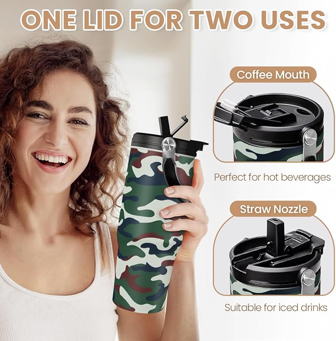 SANDJEST Camo Tumbler with Handle 30oz - Camouflage Tumblers Stainless Steel Insulated Flip Straw Coffee Travel Cup, Gifts for Men Veteran Hunting Lover Sport Outdoor Workout