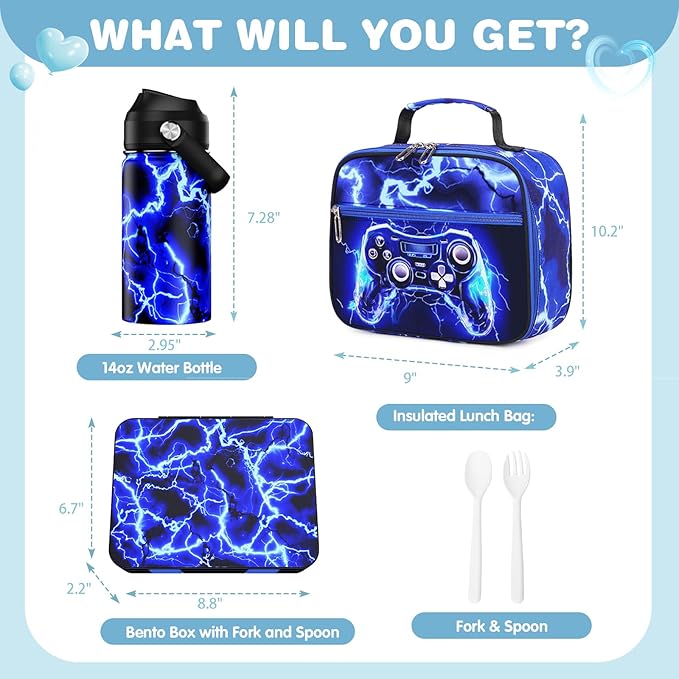 Bevalsa Kids Bento Lunch Box with 6 Compartment, Stainless Steel Metal Water Bottle, Insulated Bag & Utensils, BPA-Free Leakproof Food Container for School Boys Girls, Back To School Gift
