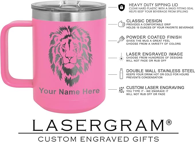 LaserGram 15oz Vacuum Insulated Coffee Mug, Tiki Statue, Personalized Engraving Included (Pink)