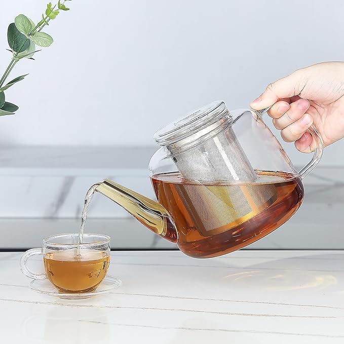 Easyworkz Borosilicate Glass Teapot 50oz with Large Stainless Steel Removable Loose Tea Infuser for Fruit Herbal and Infusion
