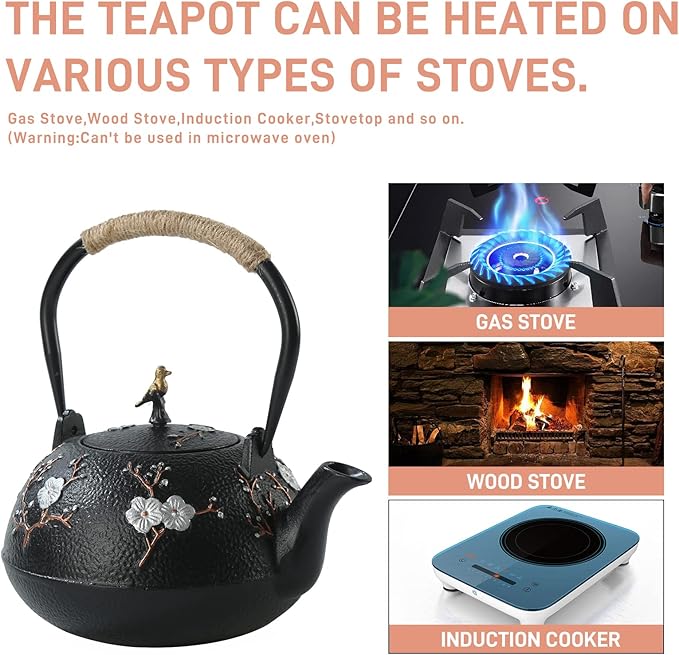 Tea Set Tea Kettle Japanese Style Beautiful Black Cast Iron Teapot Set with 4 Cups,1 Trivet and 1 Lid Holder,40.6oz Teapot with Infuser for Stove Top Safe