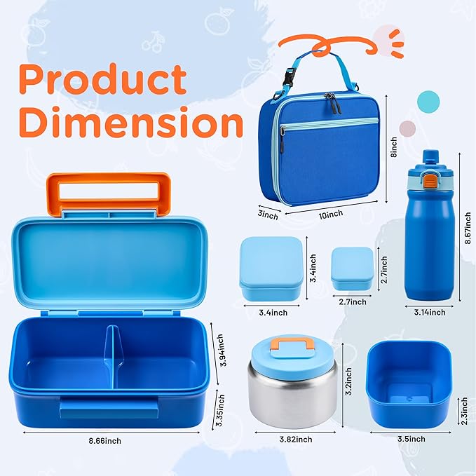MAISON HUIS Bento Box for Kids with 8oz Soup Thermo, Insulated Lunch Bag & 17oz Water Bottle, 2-Compartment Bento Box with Built-In Ice Pack, Leak-Proof & BPA-Free (Blue)