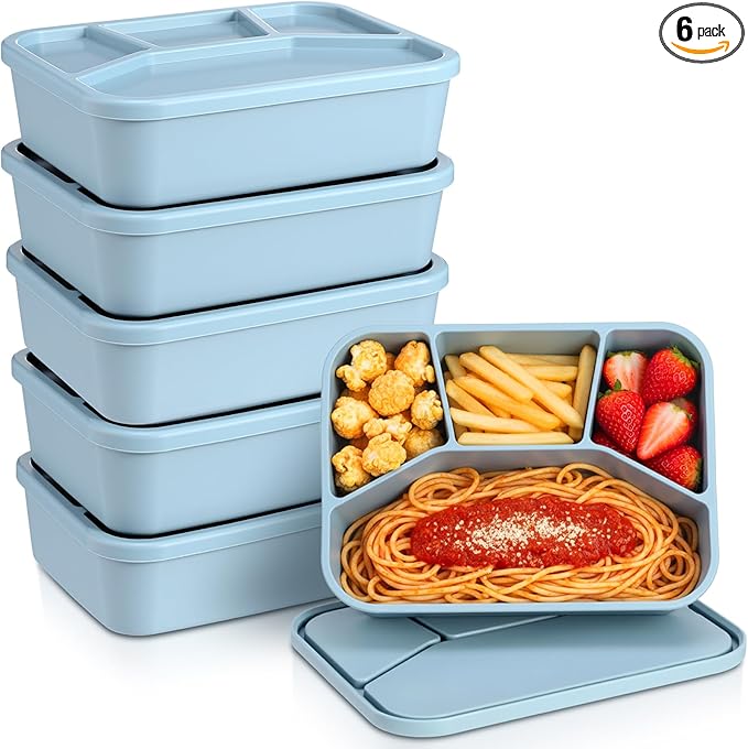 Honeydak 6 Pcs Silicone Bento Box Reusable Lunch Container 4 Compartment Snack Boxes with Lid Smooth LeakProof Rectangle Food Boxes for Adult Work Travel Food Storage (Blue)