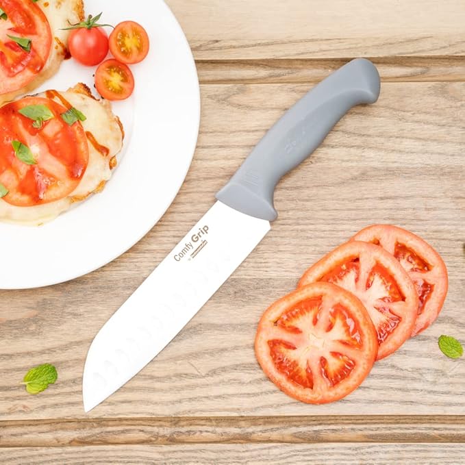 Restaurantware Comfy Grip Knife Set With Holder 1 Sharp 9-Piece Knife Set - Ergonomic Handle Non-Slip Grip Gray Stainless Steel Kitchen Knife Set Dishwashable Includes Knife Holder