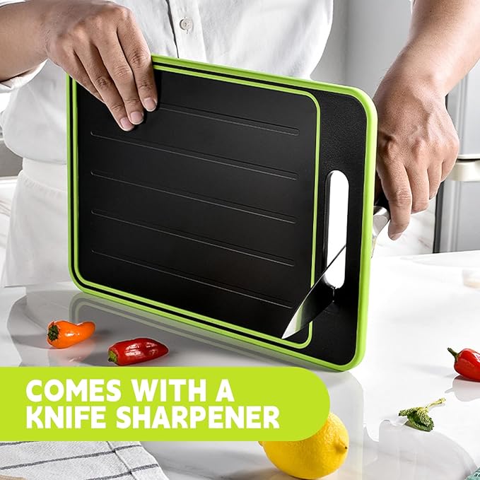 Cutting Board Double Sided,2 Pcs Vegetable Board With Sharpening Stone,Large Size+Small Size,Food Grade Stainless steel and Wheat straw PP Material,Eco-Friendly (Gray)