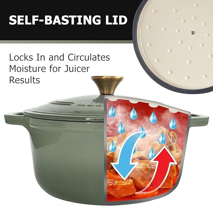 MUELLER HOME 7.5 Quart Enameled Cast Iron Dutch Oven For Sourdough Bread Baking, Heavy-Duty, Oven-Safe up to 500° F & Across All Cooktops, Casserole Dishes, Green Kitchen Accessories, Thyme Green