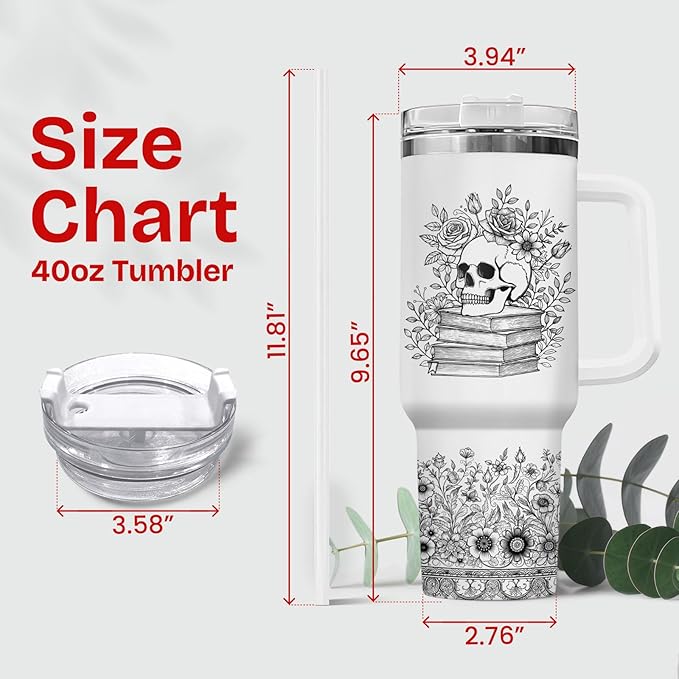 34HD Book Lovers Tumbler 40oz, Funny Skull Book Mug with Handle and Straw, Insulated Coffee Travel Mug for Bookworms, Librarians, and Teachers, Bookworm Gifts for Women