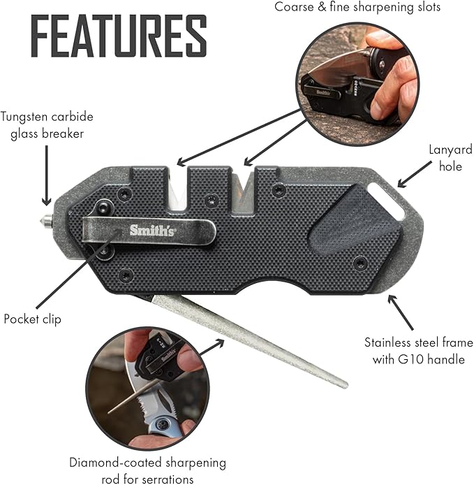 Smith’s Pocket Pal Tactical Knife Sharpener - 2 Stage Sharpener & Diamond Sharpening Rod - Pocket Clip - Outdoor Hunting Knife & Hook Sharpener - Compact & Lightweight