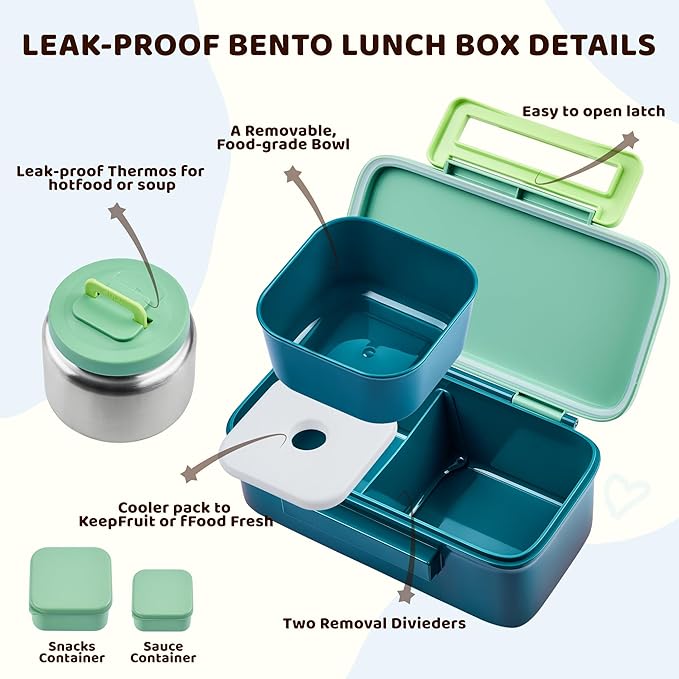 MAISON HUIS Kids Lunch Box with Thermo, Leakproof Bento Box with 8oz Insulated Food Jar, 2 Compartment Container for Back to School Girls Boys (Green)