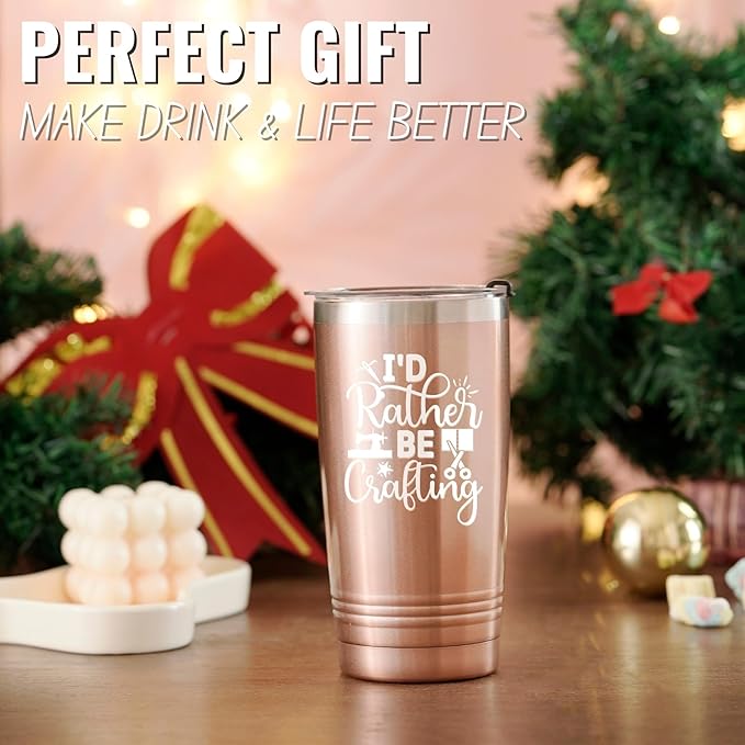 Onebttl Gifts for Crafters, Crafting Gifts for Women - Tumbler for Crafters, Female, Her - I'd Rather Be Crafting - 20oz/590ml Stainless Steel Insulated Tumbler with Straw & Lid - Rose Gold