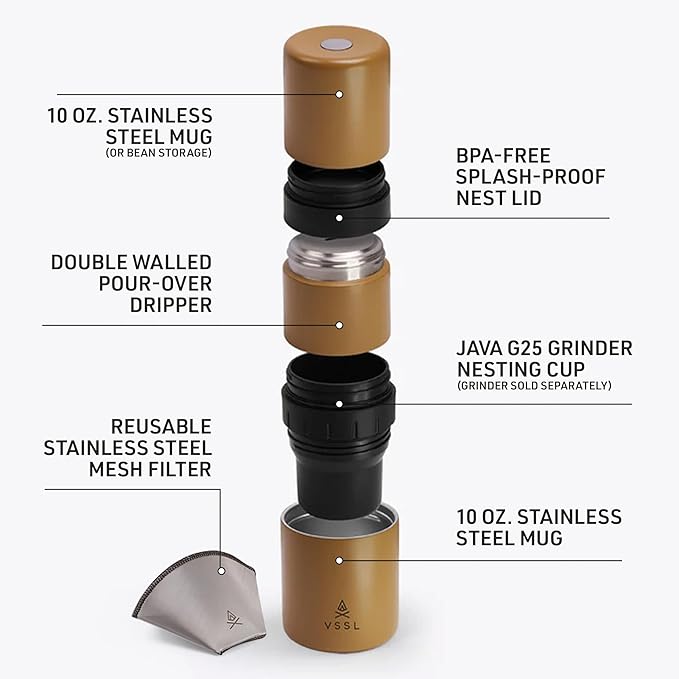 VSSL - Nest Pour Over Coffee Kit | Coffee Maker for Camping | All-In-One Travel Pour Over | Transportable Dripper, Two 10oz Stainless Steel Travel Mugs | Compact Storage & Adventure Ready | Sahara