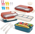 Bento box adult work lunch box, adult container, with 4 compartments, lunch container with cutlery ( knife, fork, spoon, sauce box), animal fruit fork, microwave and dishwasher safe, Orange Blue