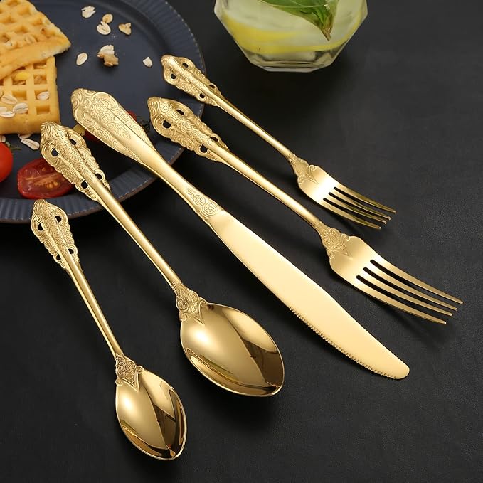 Royal Silverware Gold Retro Stainless Steel Flatware 40 Piece Forks Knives and Spoons Heavy Duty Kitchen Utensil Daily Use Festival Parties
