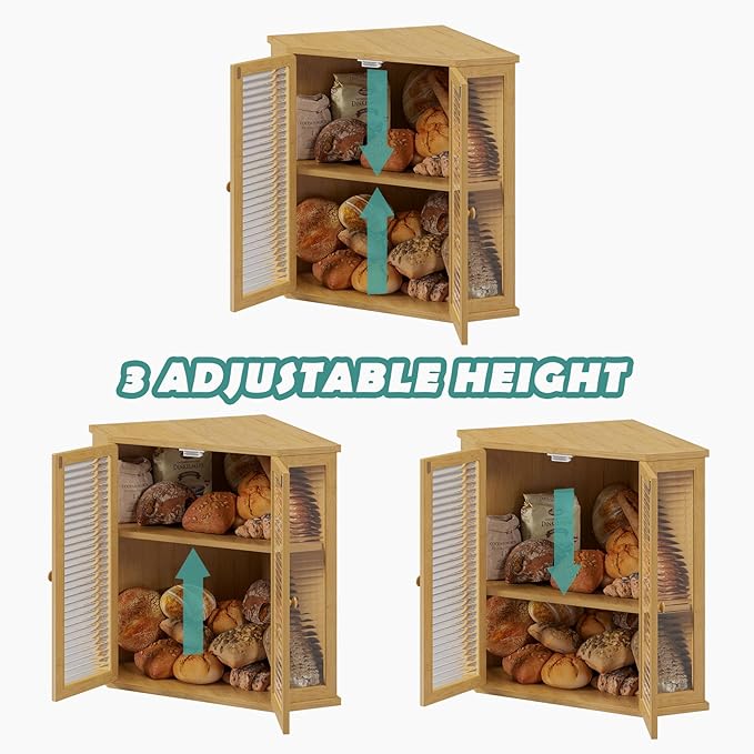 Extra Large Corner Bread Box for Kitchen Countertop, 16.5 inch Bamboo Double Layer Bread Storage with Glass Wavy Door Panel, Eco-Friendly and Stylish Design