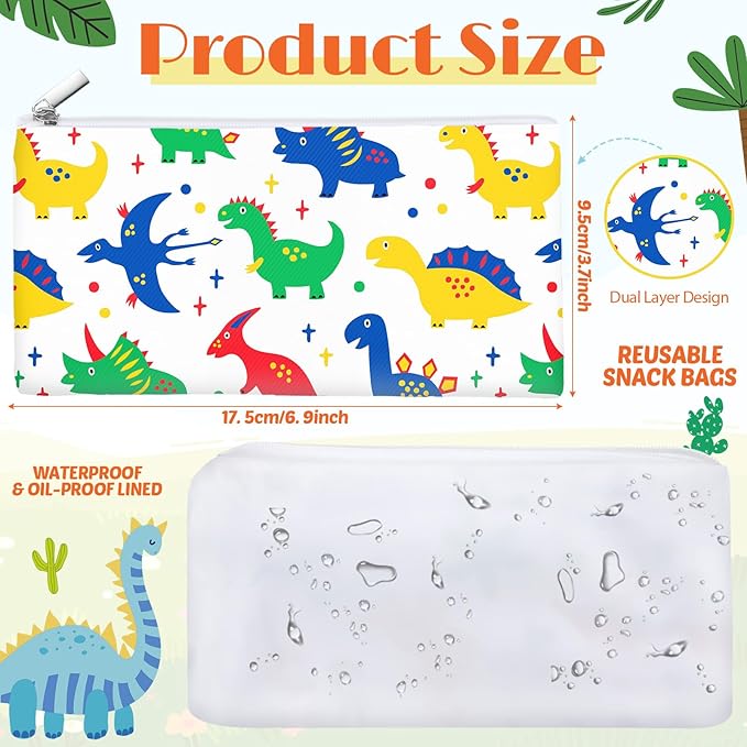 Chumia 6 Pcs Reusable Snack Bags Christmas Gifts Food Safety Washable Snack Bags Lunch with Zipper Portable Sandwich Bag Food Storage Pouch Double Layer(Dinosaur,6.9 x 3.7 Inches)