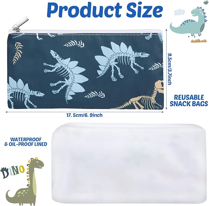 Chumia 6 Pcs Reusable Snack Bags Christmas Gifts Food Safety Washable Snack Bags Lunch with Zipper Portable Sandwich Bag Food Storage Pouch Double Layer (Dinosaur Skeleton,6.9 x 3.7 Inches)