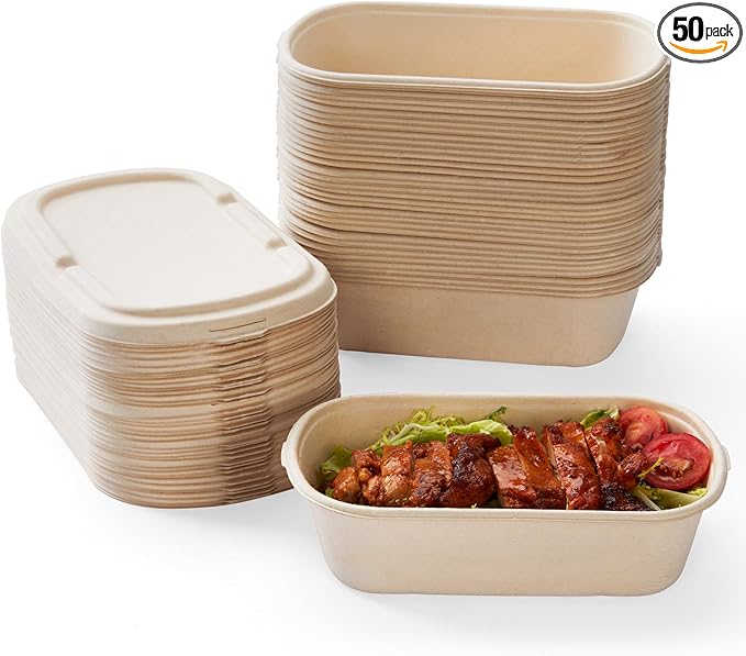 [100% Eco-Friendly] Disposable Food Containers with Lids – Sugarcane Pulp Take Out Boxes, Biodegradable, Compostable, Microwave Safe Lunch Containers – Pack of 50 (24 OZ)