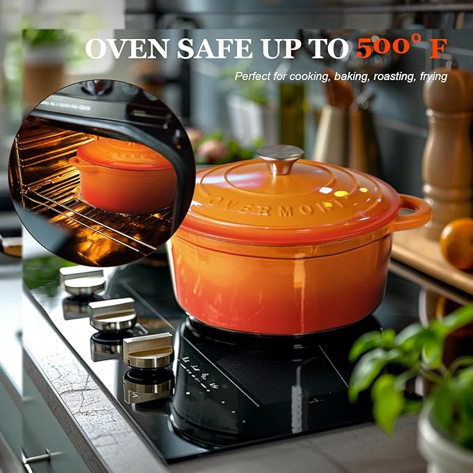 Overmont Enameled Cast Iron Dutch Oven - 7QT Pot with Lid Cookbook & Cotton Potholders - Heavy-Duty Cookware for Braising, Stews, Roasting, Bread Baking orange